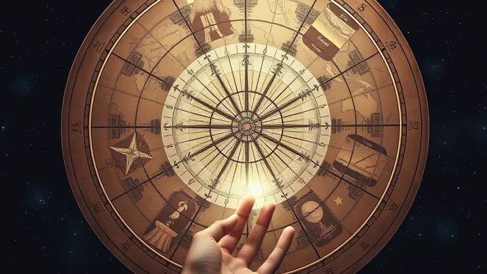 Символическое изображение Колеса Года в виде светящейся карты в звездном пространстве с наложенными архетипами карт Таро.