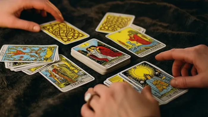 Руки раскладывают карты Таро в схему для любовного расклада при свете свечи