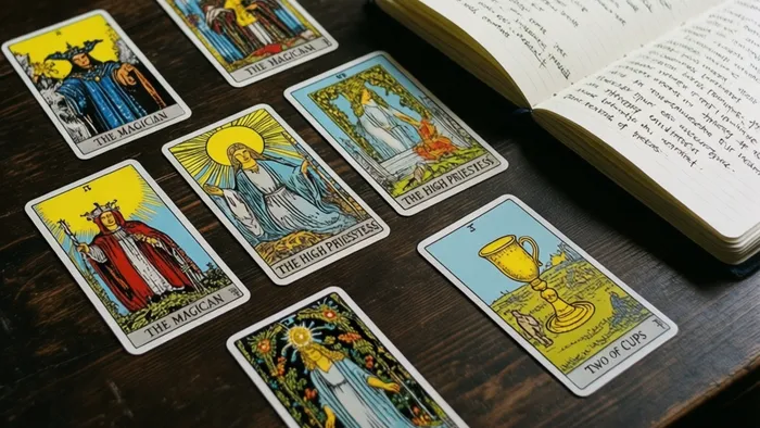 Расклад карт Таро на темном деревянном столе по схеме для анализа общих интересов