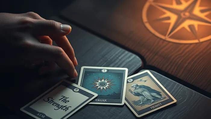 Рука раскладывает карты Таро (Звезда, Сила, Отшельник) на деревянном столе в лучах мягкого света, символизируя поиск поддержки и внутреннего руководства.