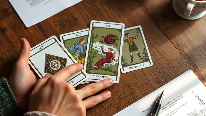 Руки раскладывают карты Таро (Туз Пентаклей, Колесница, 4 Пентаклей) рядом с договором на деревянном столе.