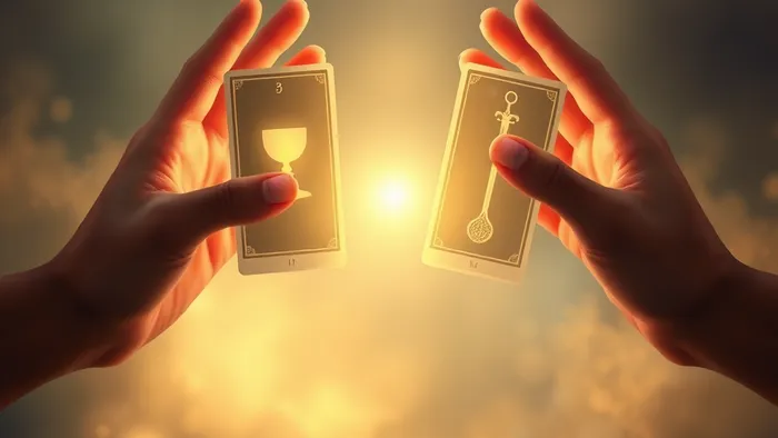 Символическое изображение расклада Таро на примирение: две руки и парящие между ними карты с мастями жезлов, кубков, мечей и пентаклей на мистическом фоне.