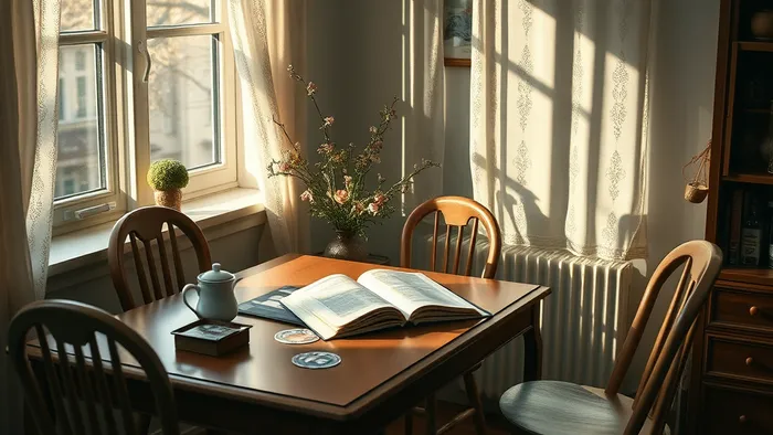 Расклад карт Таро на деревянном столе утром на рассвете, рядом чашка горячего напитка