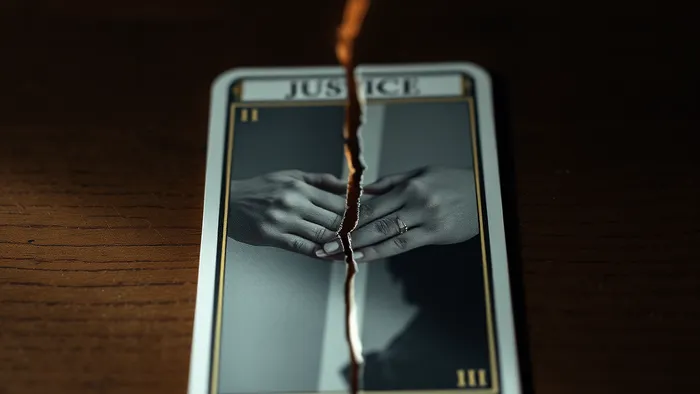 Аркан Справедливость из колоды Таро, лежащий на деревянном столе, символически расколотый пополам, изображающий выбор между сохранением связи и расставанием.