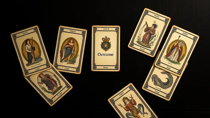 Семь карт Таро, выложенные в форме подковы на тёмной деревянной поверхности. Классический расклад «Подкова».