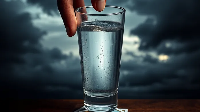 Стеклянный стакан с водой на фоне грозового неба, вокруг разложены карты Таро. Символическое изображение расклада «Буря в стакане».