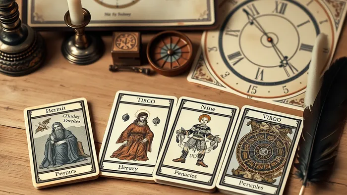 Символическая композиция: карты Таро Отшельник и 9 Пентаклей, астрологическая карта знака Девы и символ Меркурия на деревянном столе при свече.