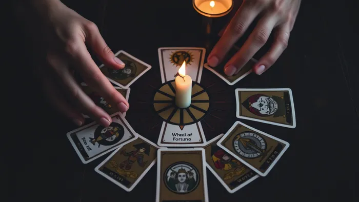 Руки раскладывают карты Таро по схеме 'Годовое колесо' на деревянном столе при свете свечи.