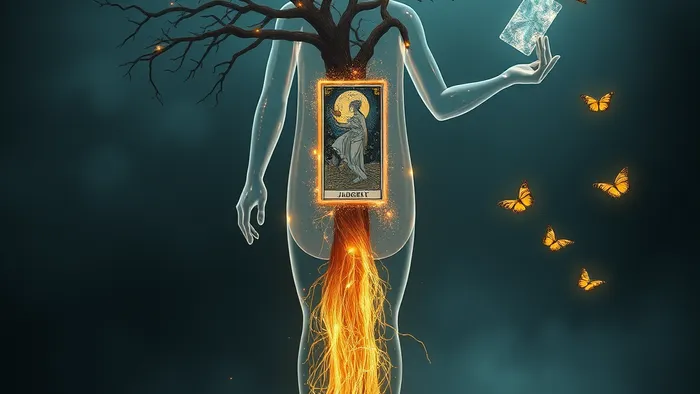 Символическое изображение работы с чувством вины: человеческая фигура из стекла, из которой растет дерево с корнями-нитями, в руках — зеркало с картой Таро и отпущенные бабочки.