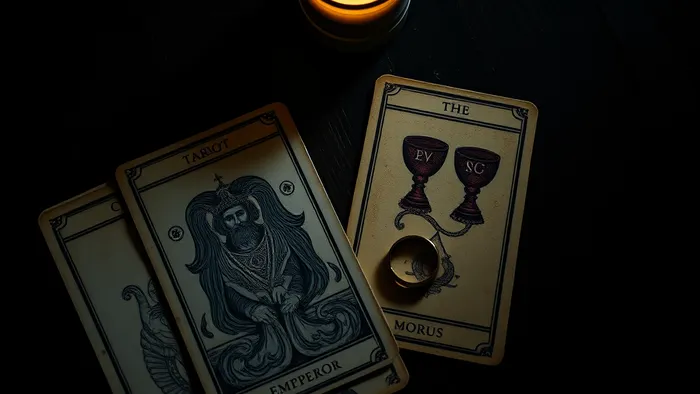 Символическая фотография: карты Таро Император и Двойка Кубков рядом с обручальным кольцом на деревянном столе при свете свечи.