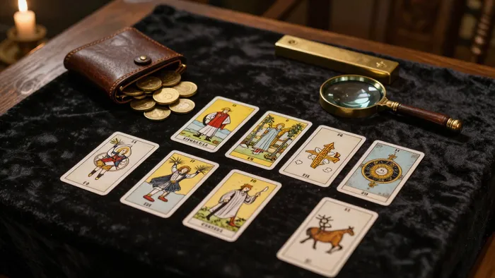 Расклад Таро на покупку и финансовое благополучие с картами, монетами и антикварными предметами на темном фоне.