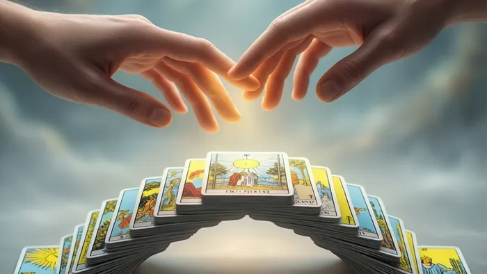 Символическое изображение расклада Таро в форме моста, соединяющего две руки. Карты лежат на темной поверхности, между ними легкое свечение.