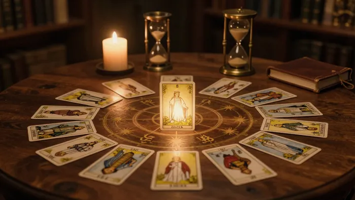 Расклад Таро на 12 месяцев в форме круга на старинном деревянном столе со свечой и песочными часами.