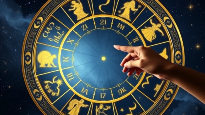 Символическое изображение годового расклада Таро: круговая диаграмма из 12 сегментов в космическом пространстве, в каждом из которых виден контур карты Таро.