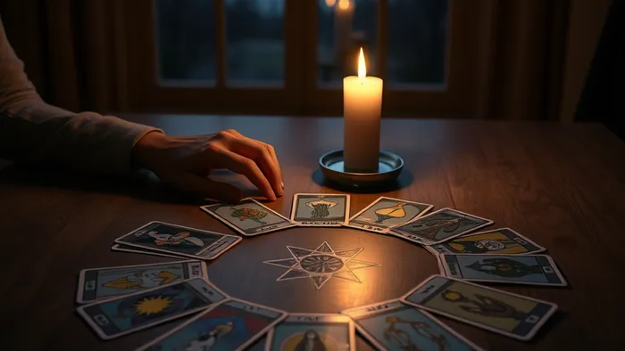 Руки раскладывают карты Таро по кругу-мандале на деревянном столе при свете свечи. Расклад на спокойствие и внутреннюю гармонию.