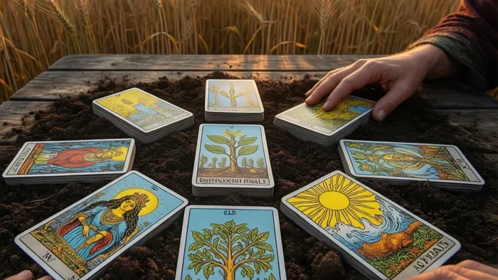 Расклад карт Таро на тему урожая, разложенный на деревянном столе в поле с колосьями на закате