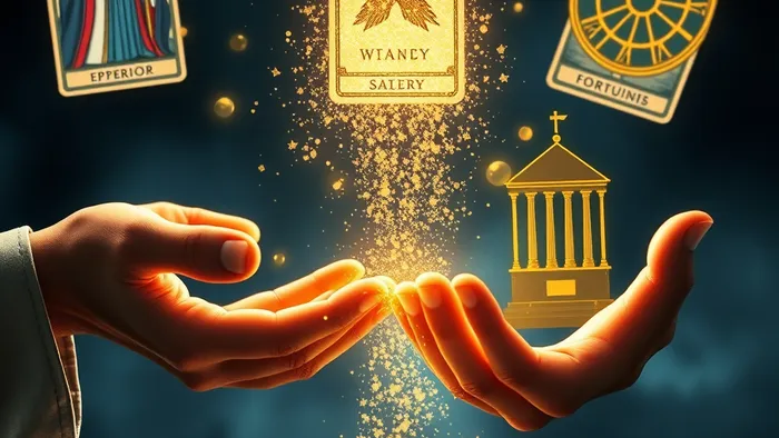 Символическое изображение зарплаты как энергетического обмена: поток света и золотых частиц между руками человека и символом работы, на фоне карт Таро Император и Пентакли.