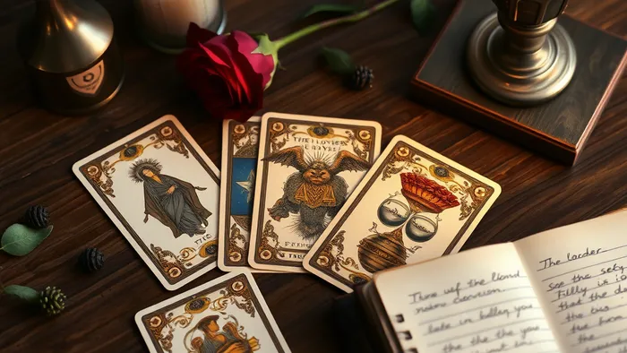 Раскрытая колода Таро на столе: карты Влюбленные и Двойка Кубков рядом с горящей свечой, розой и дневником для записей о раскладах на любовь.