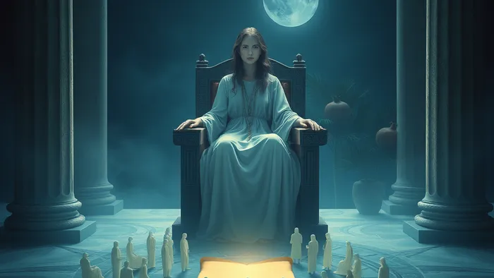 Символическое изображение Аркана Жрица в окружении полупрозрачных фигур, символизирующих системные расстановки. Сцена передает глубину, тайное знание и связь между эзотерикой и психологией.