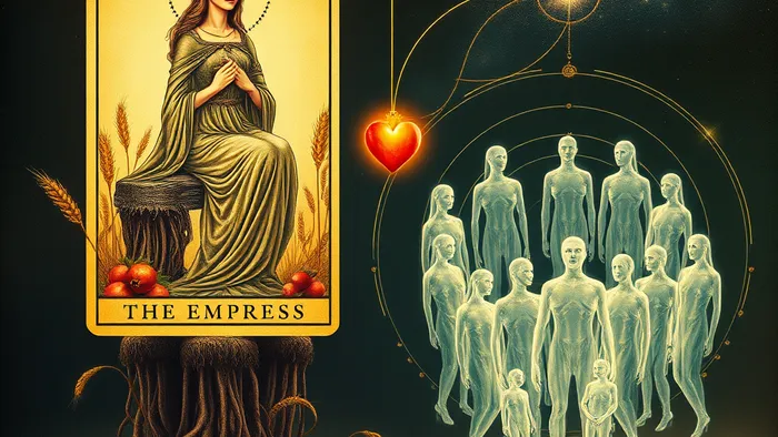 Символическое изображение: карта Таро Императрица и прозрачные фигуры людей в круге системной расстановки, соединенные нитью света.