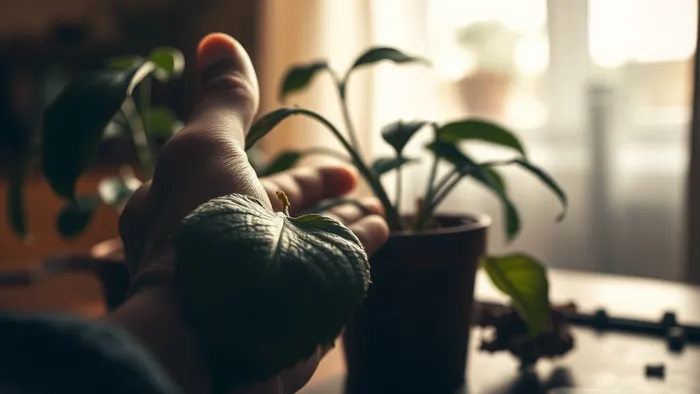 Рука осторожно касается увядающего листа комнатного растения. На заднем плане разложены карты Таро (Башня и 9 Мечей), создавая атмосферу глубокого анализа ситуации.