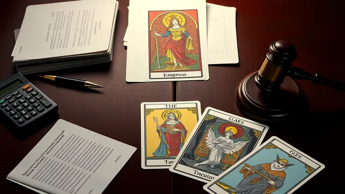 Символическое изображение подготовки к суду: юридические документы и карты Таро (Императрица, Маг, Отшельник) на столе в зале суда