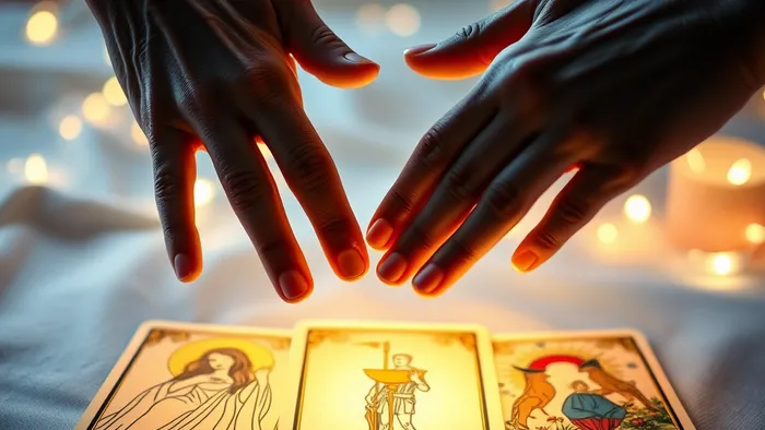 Символическое изображение: руки разного возраста тянутся друг к другу над светящейся раскладкой карт Таро (Императрица, Рыцарь Кубков, Влюбленные).