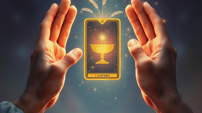 Символическое изображение двух рук разного возраста, тянущихся друг к другу на фоне мистического свечения арканов Таро: Императрицы и Рыцаря. Между ними формируется карта Влюблённых.