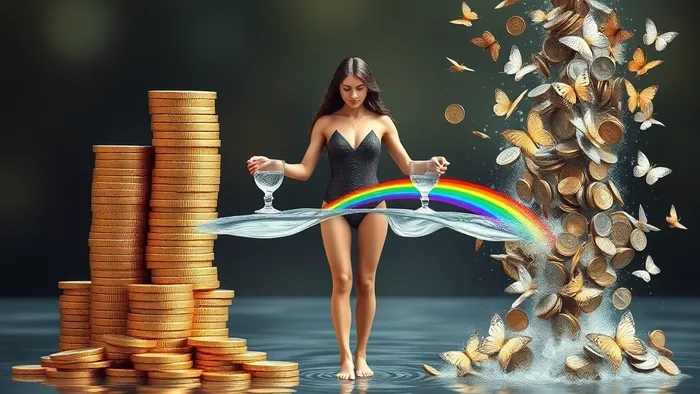 Символическое изображение двух финансовых подходов в отношениях: стабильность и контроль слева, спонтанность и движение справа, гармония в центре.