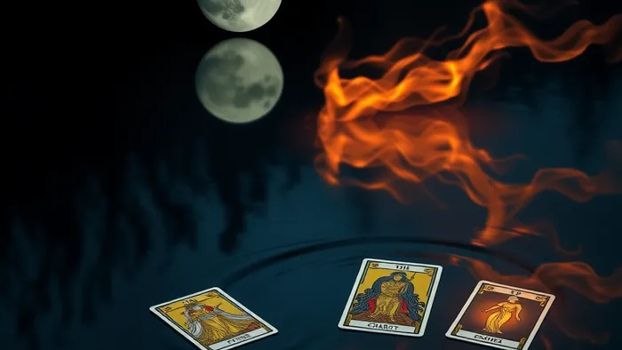 Символическое изображение дилеммы между спокойствием и страстью: тихий пруд с отражением луны нарушается поднимающимся из глубины огненным светом. На поверхности воды лежат карты Таро Колесница и Императрица.