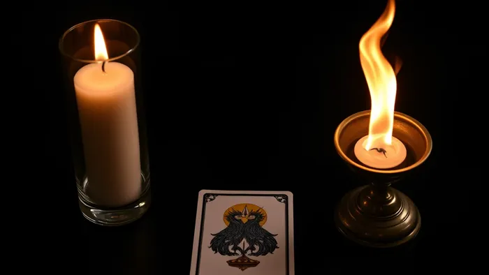 Символическое изображение дилеммы выбора: два разных пламени свечи и карта Таро Влюбленные между ними.