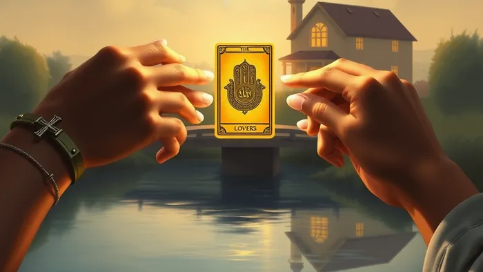 Символическое изображение: руки разных культур соединяются вокруг карты Таро 'Влюбленные', которая становится мостом между двумя домами, символизирующими семьи. Светлая, надежная атмосфера.