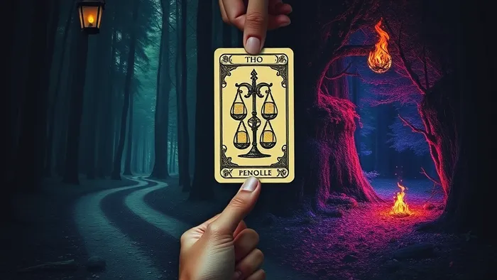 Символическое изображение выбора на развилке: спокойная тропа и страстная, заросшая тропа. Рука с картой Таро Двойка Пентаклей над ними.