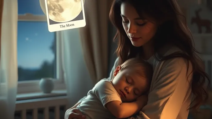 Мать с ребёнком в спальне. Рядом парящая карта Таро Луна, создающая атмосферу загадочности и защиты.