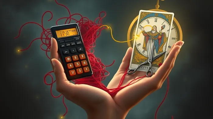 Символическое изображение выбора между рефинансированием долгов (золотая нить, калькулятор, карта Таро Император) и сохранением множества обязательств (клубок красных нитей).