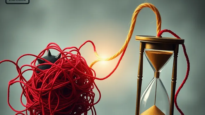 Символическое изображение рефинансирования долгов: переход из паутины множества красных нитей в одну золотую, но ведущую к песочным часам. На фоне — арканы Таро 'Дьявол' и 'Император'.