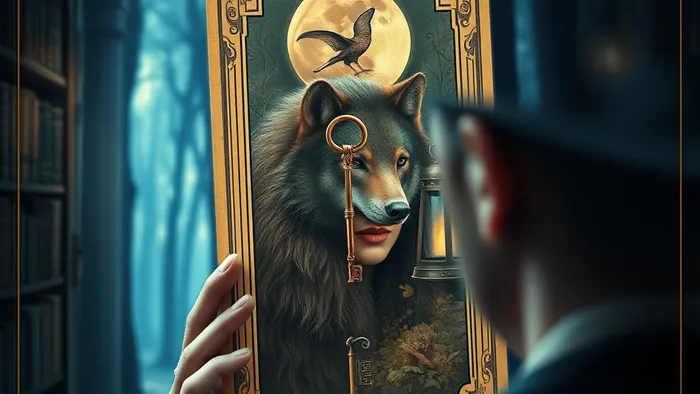 Символическое изображение: человек смотрится в карту Таро как в зеркало, и его отражение сливается с архетипическими символами, иллюстрируя концепцию проекции и самопознания.