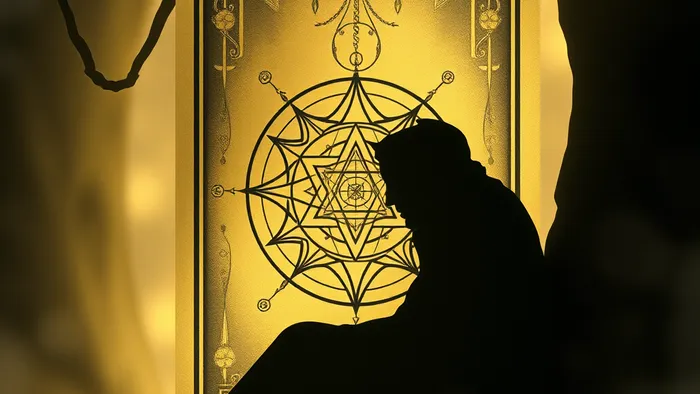 Символическое изображение, соединяющее карту Таро Отшельник с теневыми силуэтами и юнгианскими мандалами, представляющее концепцию рефлексии и работы с бессознательным.