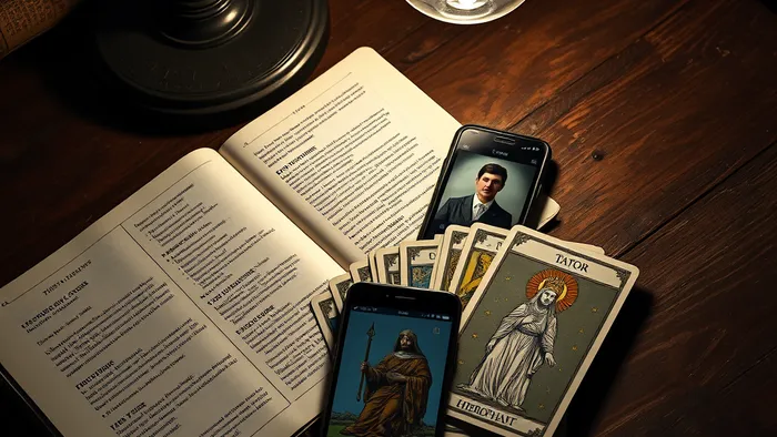 Символическая композиция: учебник истории, планшет с репетитором и карты Таро (Иерофант и Отшельник) на старом деревянном столе, освещенные настольной лампой.