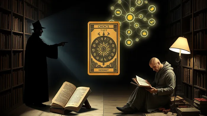 Символическое изображение выбора между путём репетитора (структурированный свет, фигура Иерофанта) и самостоятельной подготовкой (уединение, свои методы, фигура Отшельника) в стилистике арт-колоды Таро.