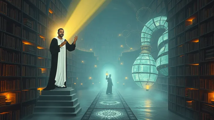 Символическое изображение выбора пути в библиотеке: структурированный свет репетитора и внутренний свет самостоятельного исследователя среди летающих книг истории.