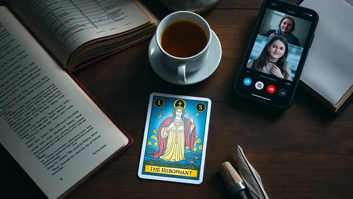 Символическое изображение выбора между учебником по истории (самостоятельная работа) и видео-уроком с репетитором на ноутбуке. В центре лежит карта Таро 'Иерофант', объединяющая оба пути.