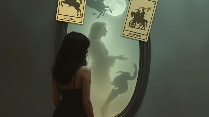 Символичное изображение женщины, смотрящей в зеркало, которое отражает не её, а призрачные образы прошлого её бывшего. Вокруг парят карты Таро Колесница и Суд.