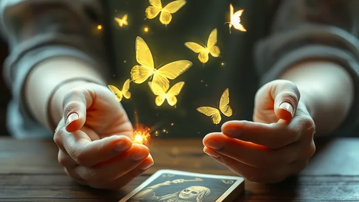 Символическое изображение отпускания прошлого: руки выпускают светящиеся воспоминания, превращающиеся в свет. На заднем плане — карта Таро.