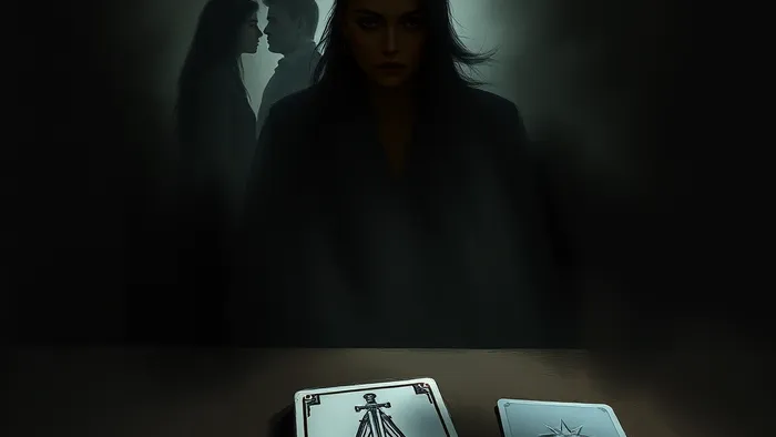 Символическое изображение женщины, сквозь которую видны призрачные образы прошлого её партнёра. На столе карта Таро 9 Мечей и луч света падает на карту Звезда.