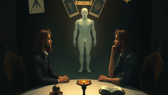 Символическая иллюстрация: пара и призрачная фигура друга в треугольнике, окруженные парящими картами Таро (Двойка Мечей, Дьявол, Звезда), которые подсвечивают сцену.