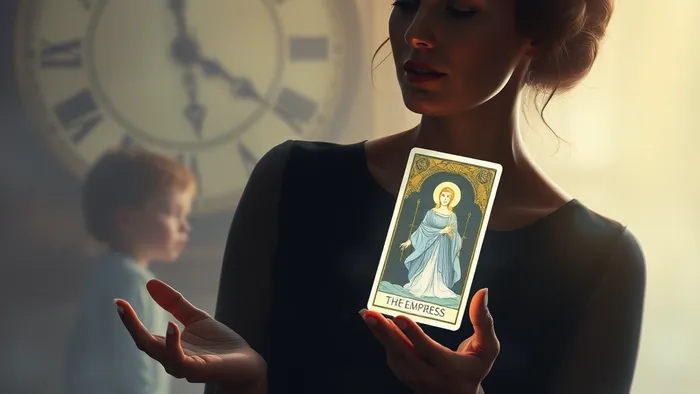Символичное изображение женщины, созерцающей карту Таро Императрица, как размышление о материнстве и времени.