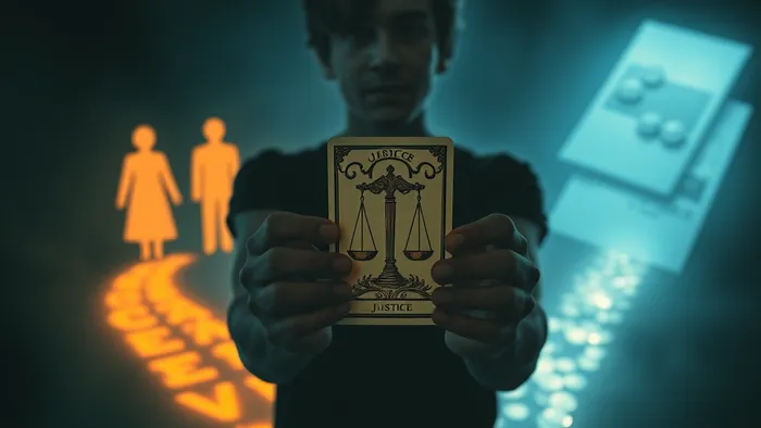 Символическое изображение выбора между помощью родителям и финансовой стабильностью. Человек на перепутье с картой Таро Справедливость в руках.