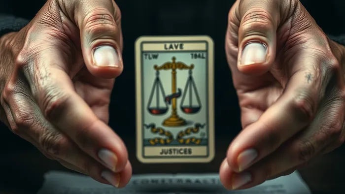 Символическое изображение конфликта поколений на финансовой почве: руки родителя и ребенка над разорванным документом, между ними карта Таро, освещение драматичное.