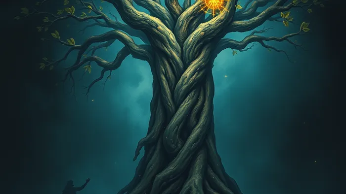 Символическое изображение родового древа, сплетённого из карт Таро, с корнями, уходящими в прошлое, и новыми ростками, тянущимися к свету.